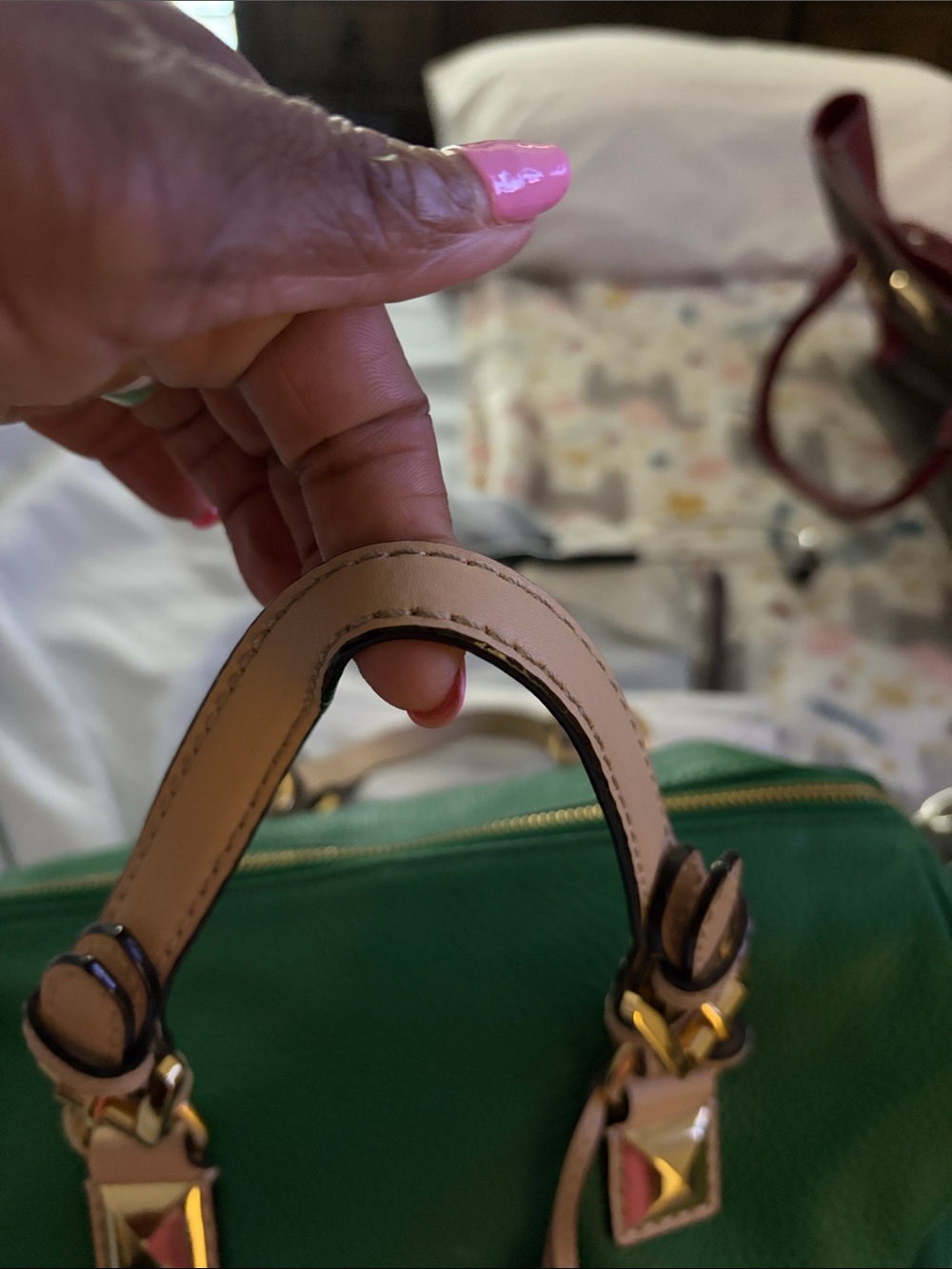 Michael Kors Green Leather Satchel with Beige Trim - Picture 7 of 15